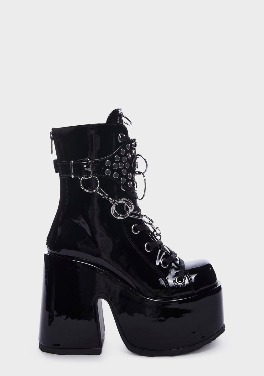Demonia Patent Chain Platform Boots - Black – Dolls Kill