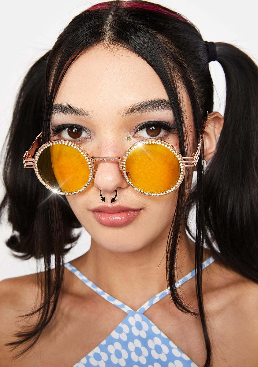 Tinted Circle Lenses Gold Hardware Rhinestone Sunglasses Yellow