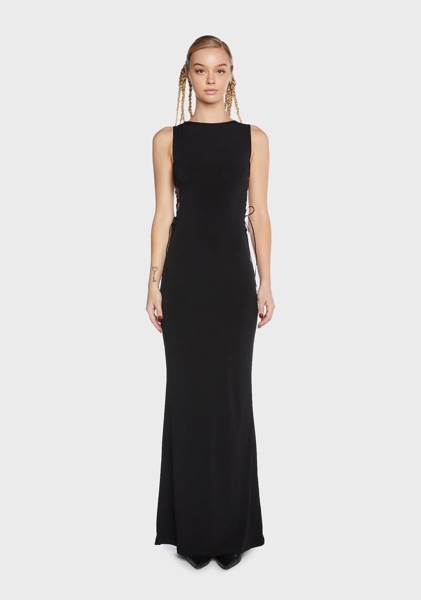 lace up side maxi dress Dark Teal Matte Satin Maxi Dress With Gathered Side And Lace-Up Back |