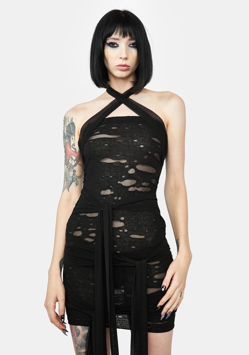 mini dress with holes Sheer Hole Halter Neck Mini Dress
