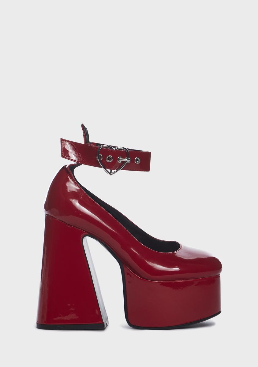 Lamoda Heart Buckle Patent Vegan Leather Platform Heels - Red