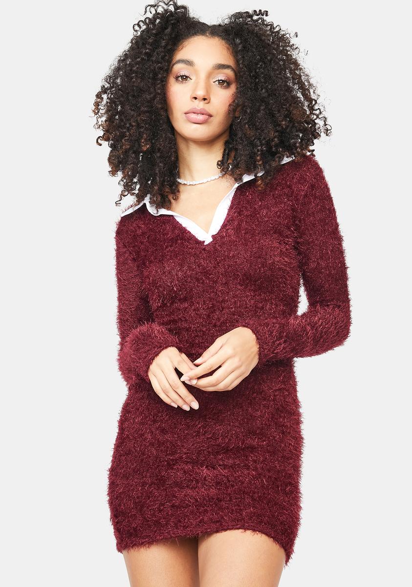 Fuzzy Contrast Collar Long Sleeve Bodycon Mini Dress Burgundy  Dolls Kill
