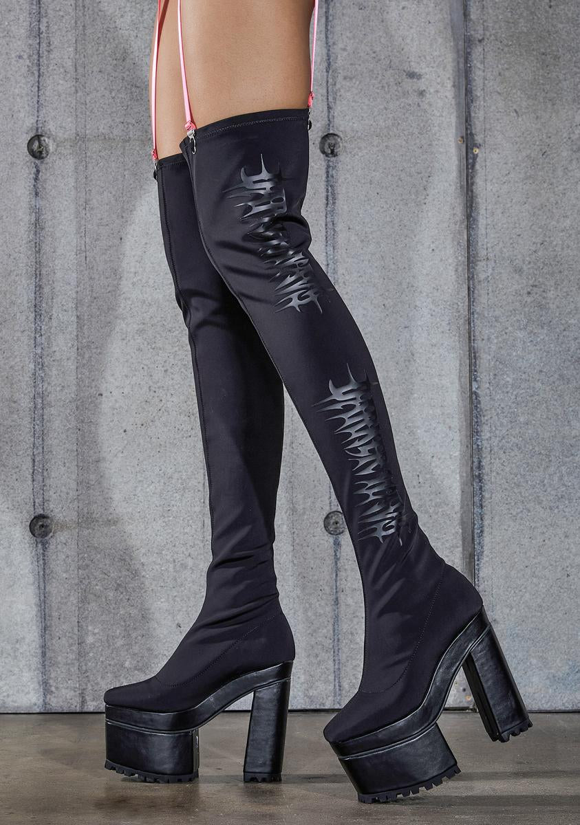 Darker Wavs Logo Stretch Thigh High Platform Boots - Black