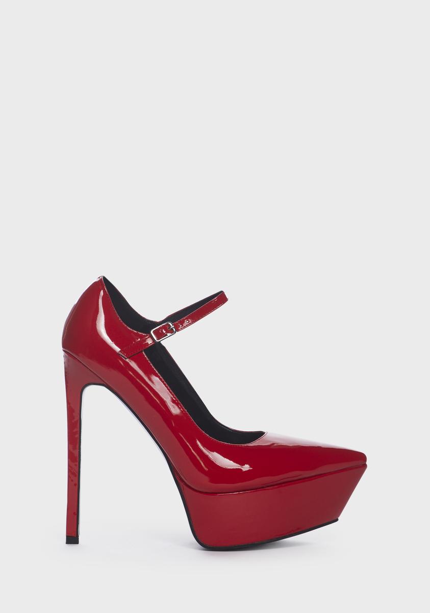 AZALEA WANG Patent Pointed Toe Platform Heels - Red