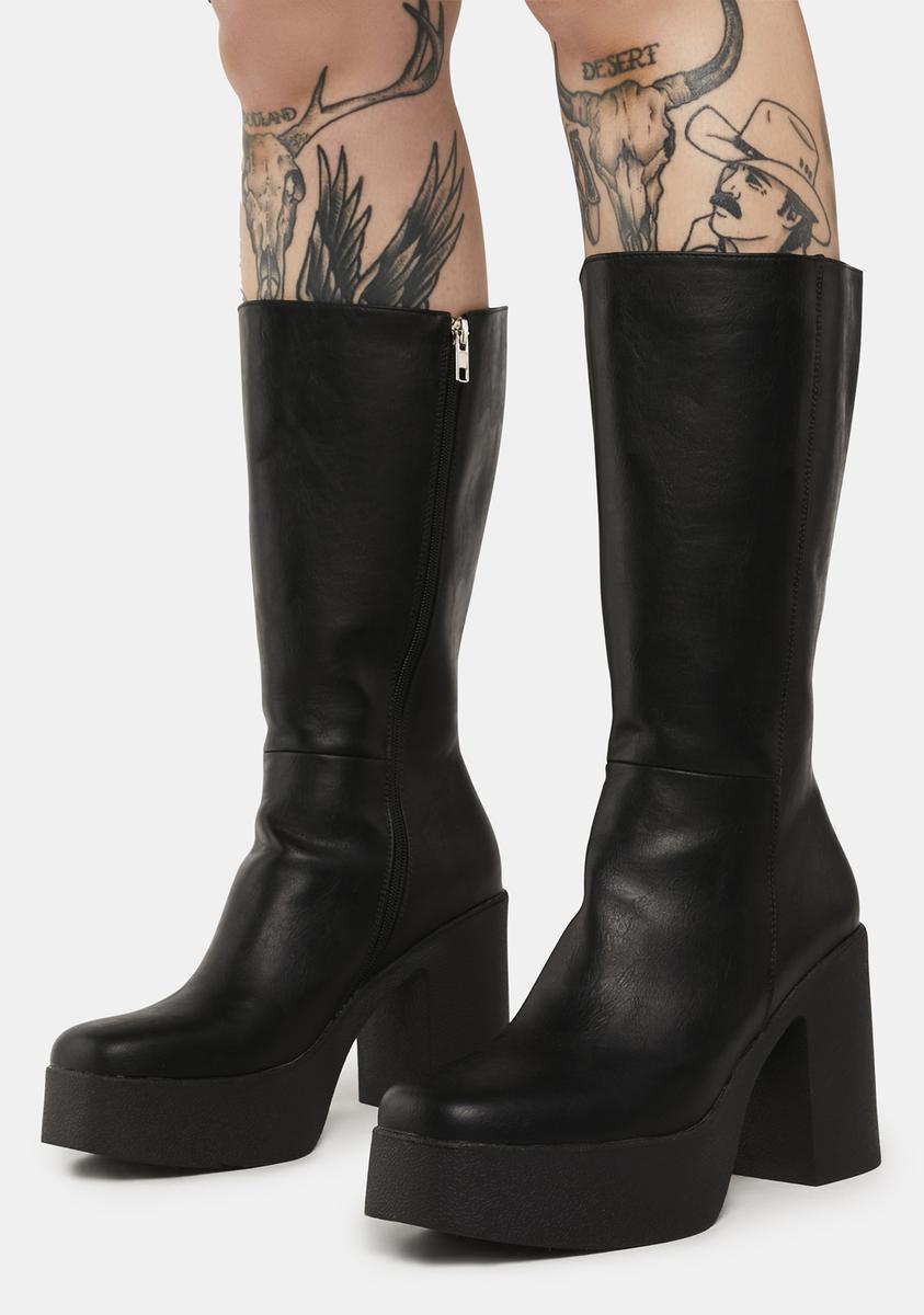 Lamoda Vegan Leather Wide Calf Heeled Boots Black – Dolls Kill