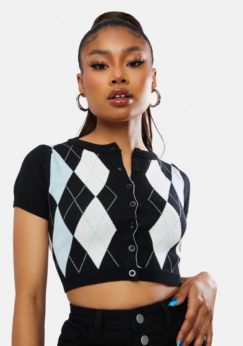 Argyle Button Up Knit Crop Top - Black – Dolls Kill