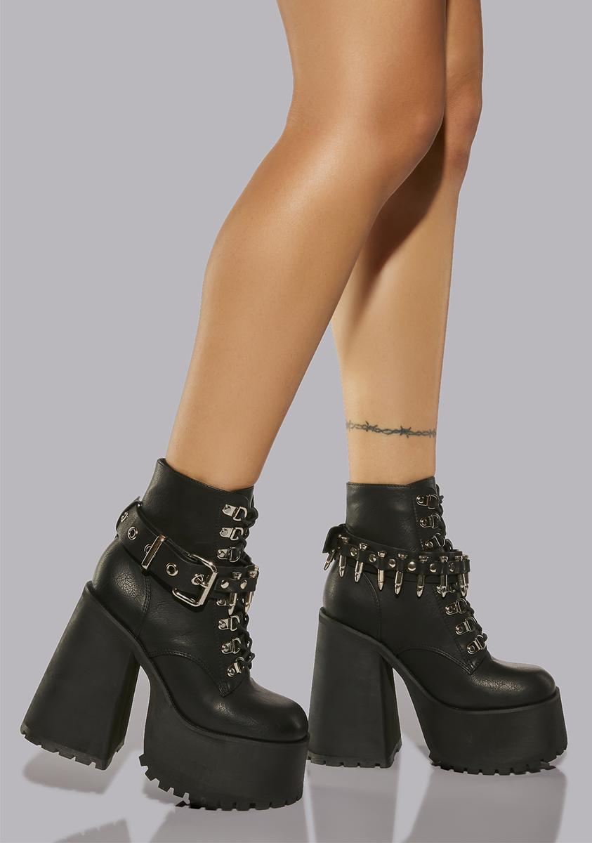 Widow Chunky Punk Platform Buckled Knee High Boots - Black