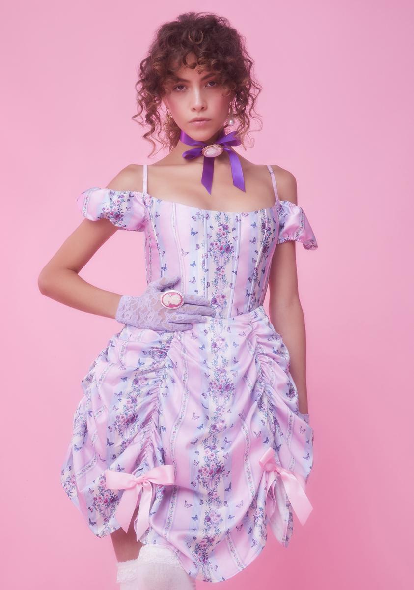 Sugar Thrillz Stripe Butterfly Corset Ruched Skirt Dress Pink