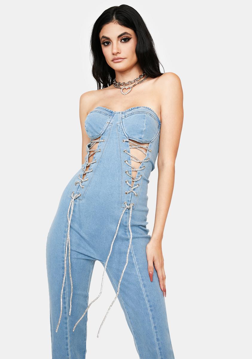 Denim Jumpsuit With Rhinestone Laces Blue Dolls Kill