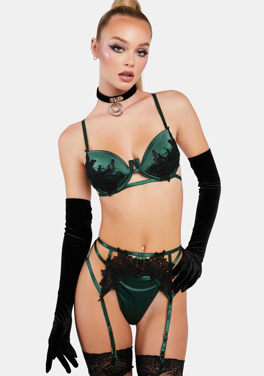 Oh La La Cheri Satin Lace Applique Bra Thong Garter Belt Set - Green Dolls Kill Oh La La Cheri Satin Lace Applique Bra Thong Garter Belt Set - Green Dolls Kill