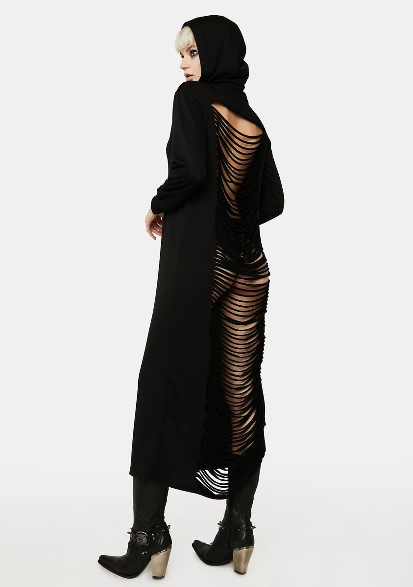 Distressed Maxi Hoodie Dress - Black Dolls Kill Distressed Maxi Hoodie Dress - Black Dolls Kill