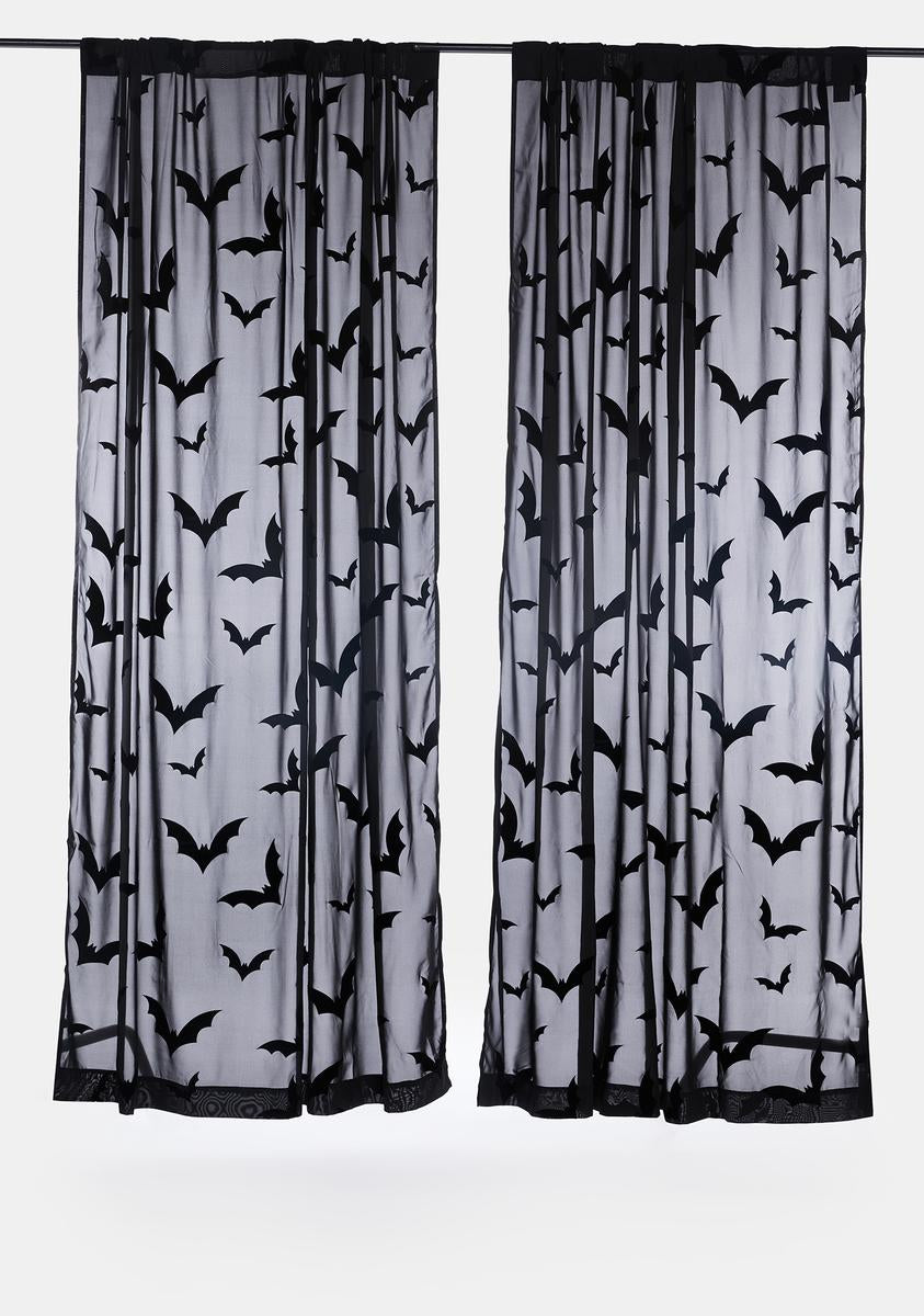 Dolls Home Sheer Flocked Bat Curtains - Black