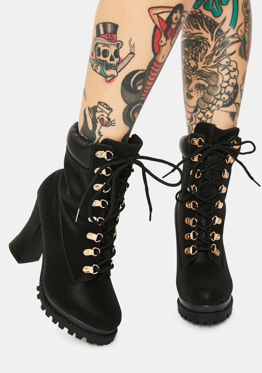 Hiker Lace Up Heeled Boots Black – Dolls Kill