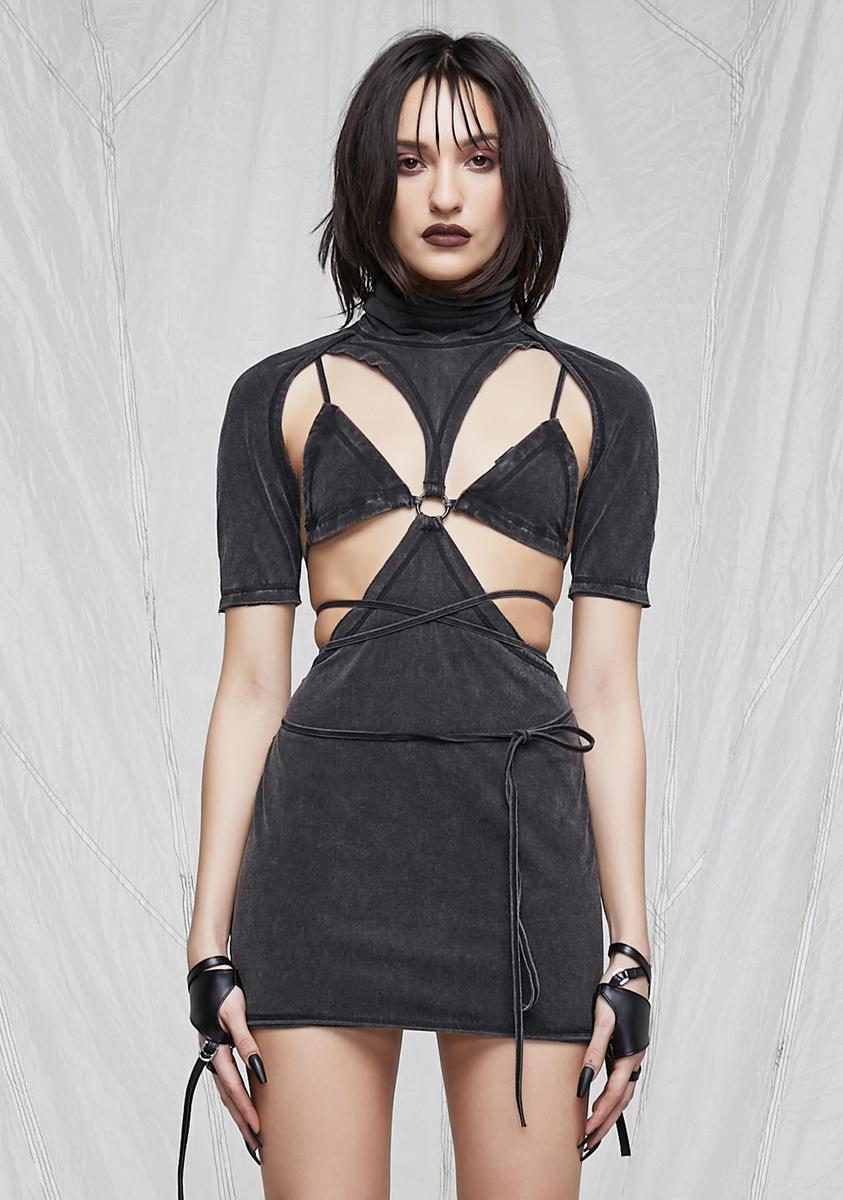 Darker Wavs Washed Cutout High Neck Bodycon Dress