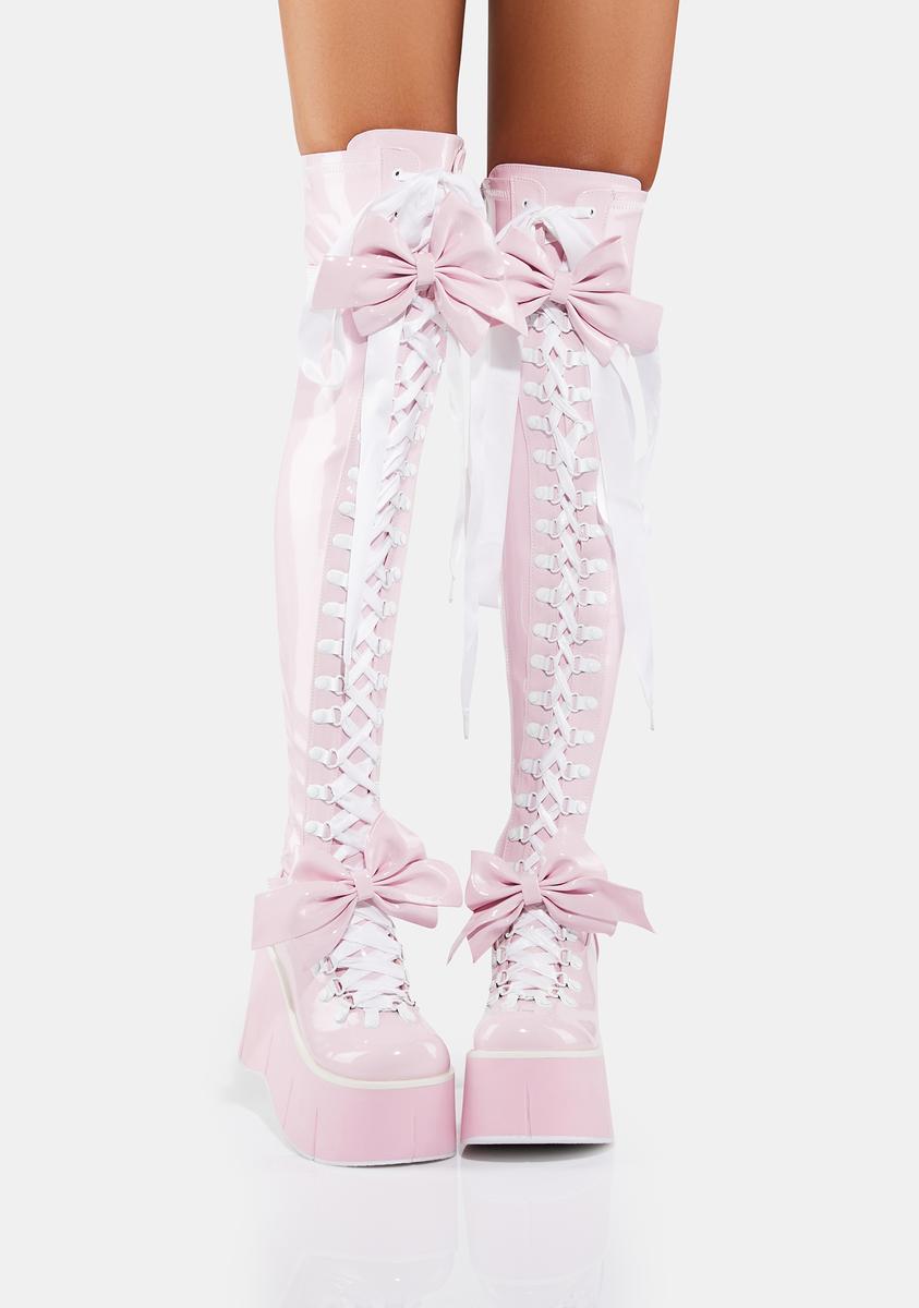 Demonia x Dolls Kill Kera-303 Bow Thigh High Platform Boots - Baby Pink