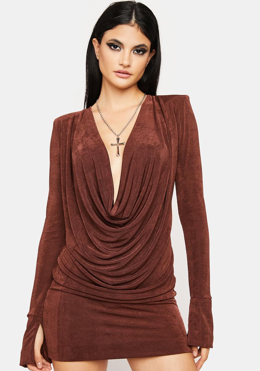 Deep Cowl Neckline Mini Dress - Brown Dolls Kill Deep Cowl Neckline Mini Dress - Brown Dolls Kill