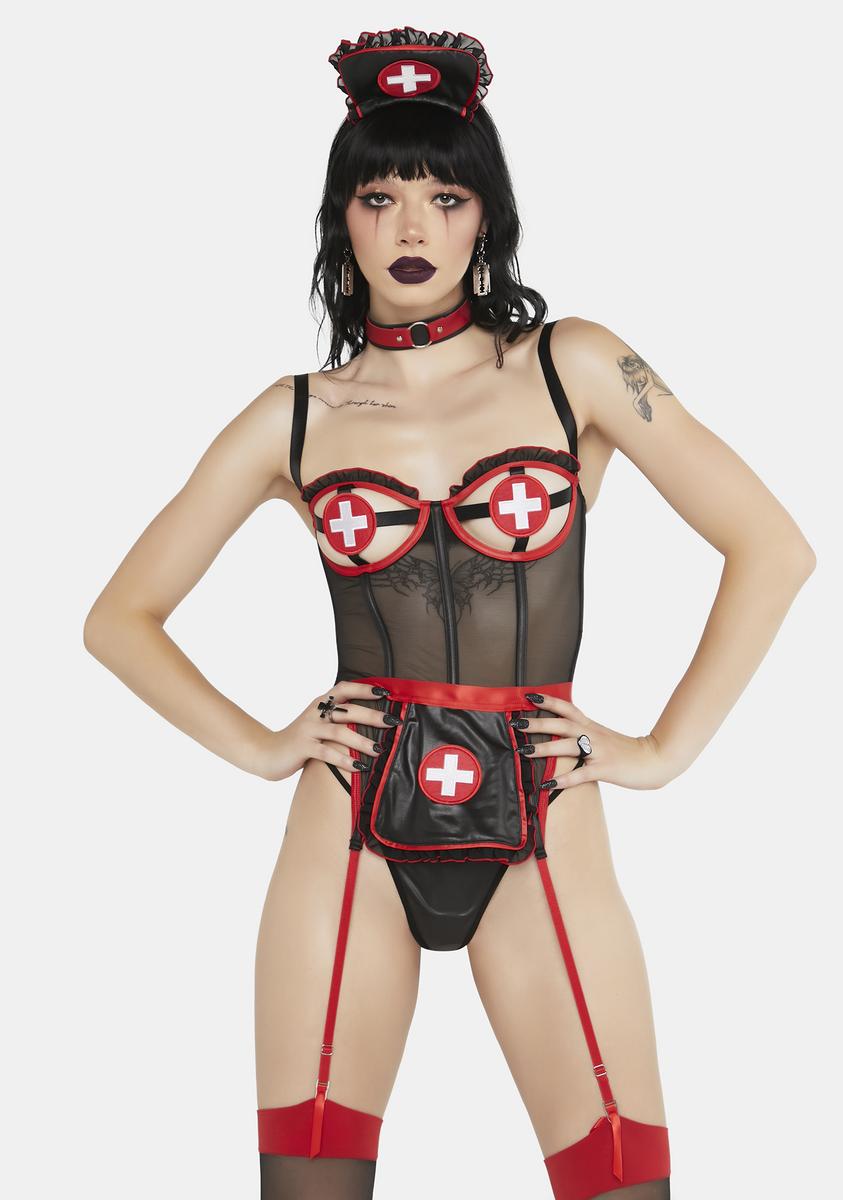 Trickz N Treatz Sexy Nurse Lingerie Set - Black/Red  Dolls Kill