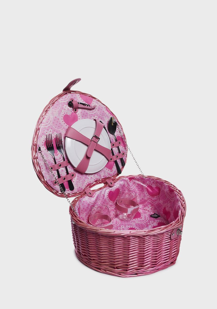 Dolls Home Heart Picnic Basket With Cutlery Set - Pink