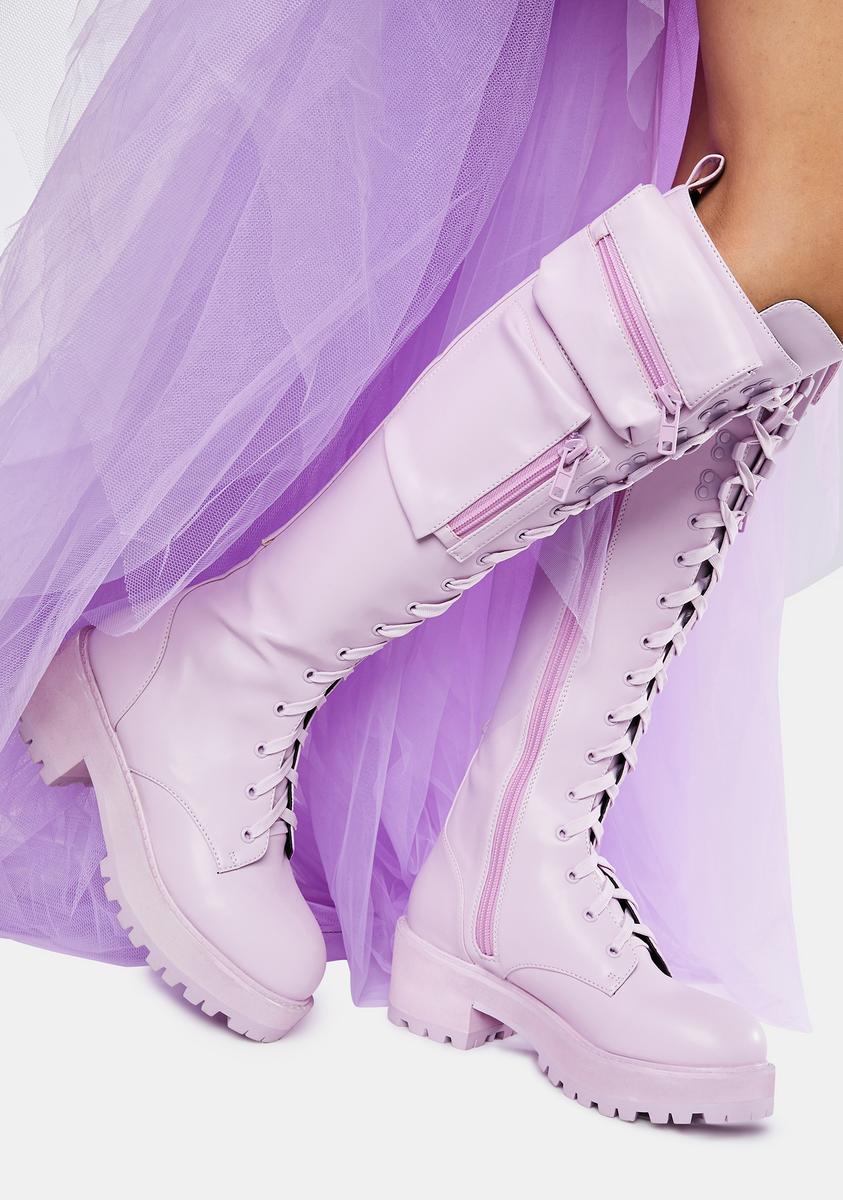 Sugar Thrillz Pastel Knee High Pocket Combat Boots Lavender