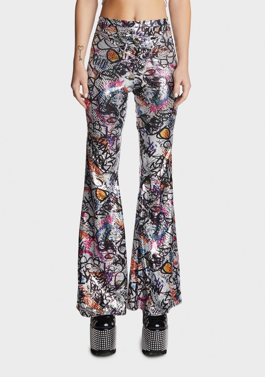 Soulan Zee Graffiti Snake Print Flared Pants City Slicker