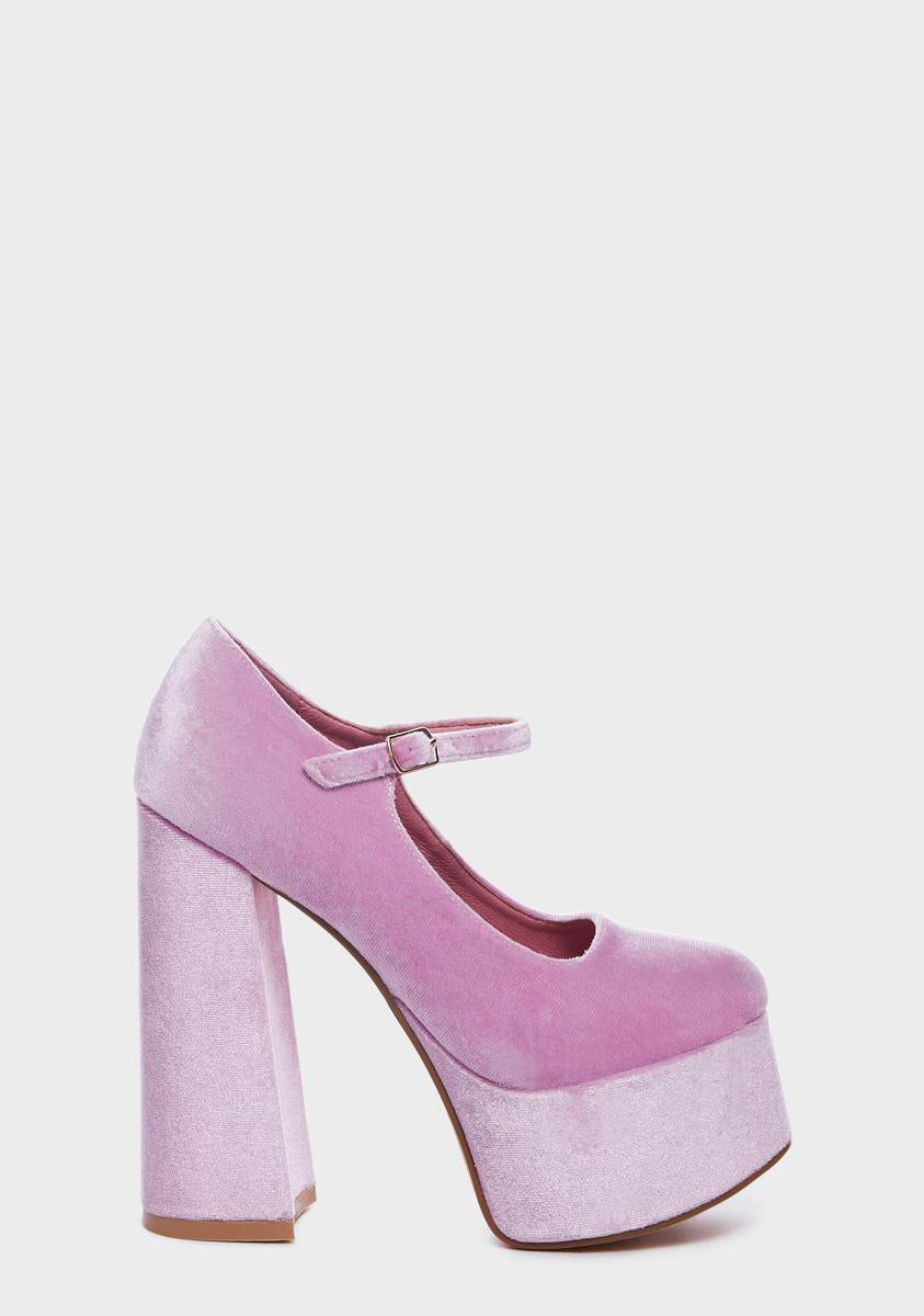 Velvet Velour Platform Mary Janes - Pink