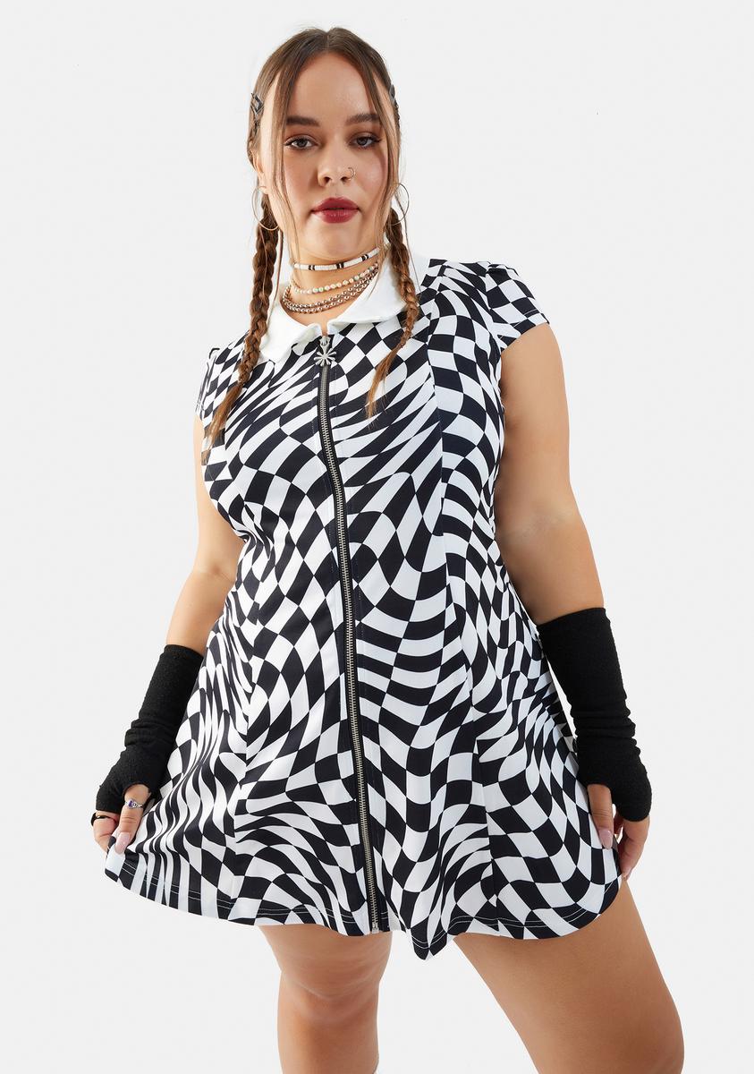 Plus Size Delia's Trippy Checkered Collared Zip Front Dress - Black/White   Dolls Kill