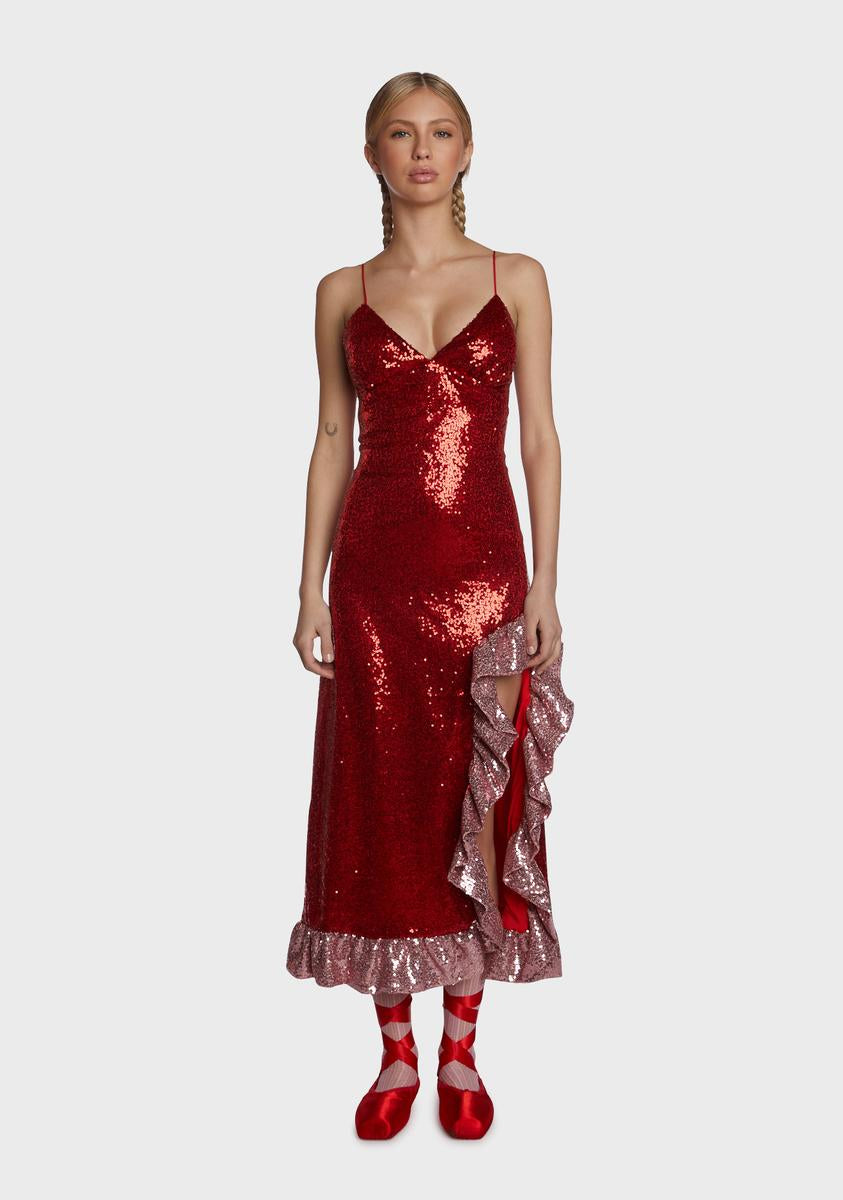 Sister Jane Glitter Slit Ruffle Midi Dress - Red Sister Jane Glitter Slit Ruffle Midi Dress - Red