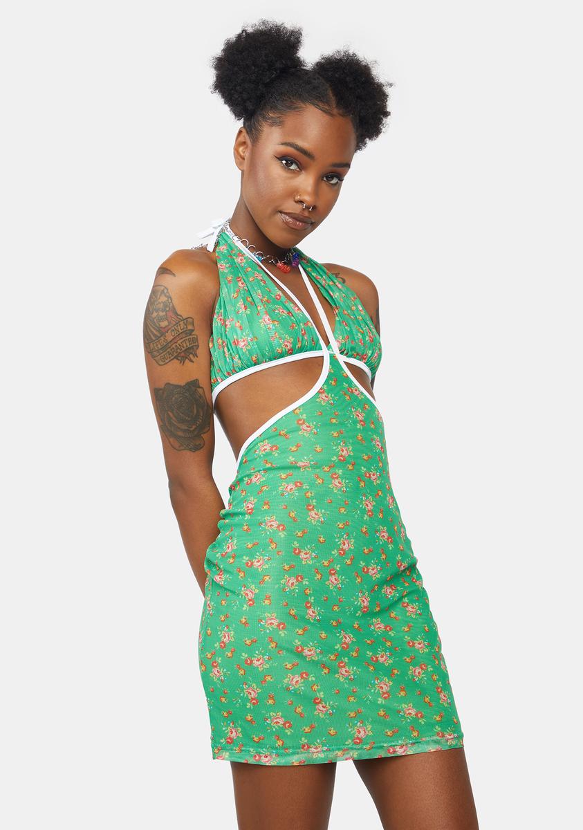 Floral Halter Open Back Mini Dress - Green Dolls Kill Floral Halter Open Back Mini Dress - Green Dolls Kill