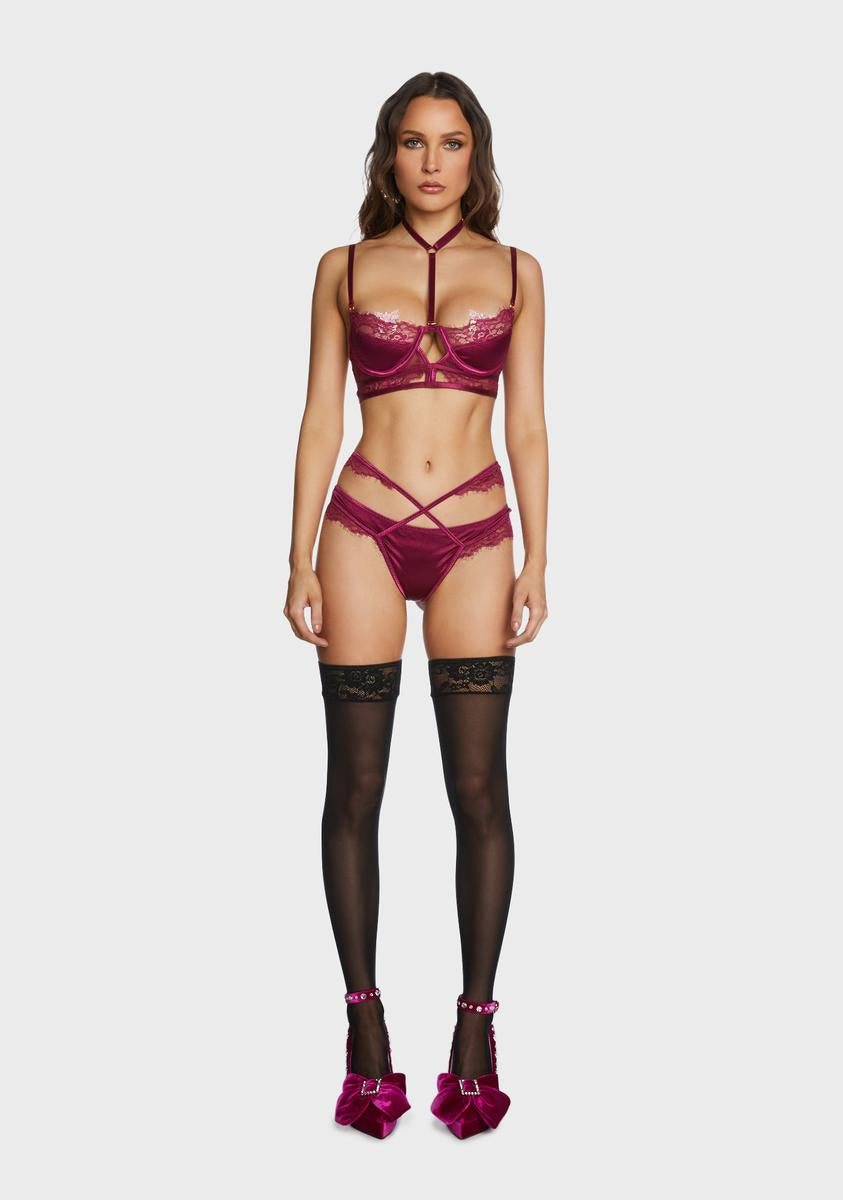 Satin Lace Bra Harness Panty Set - Dark Red  Dolls Kill
