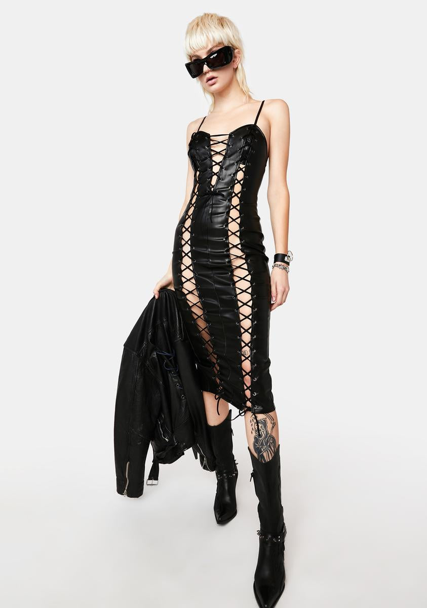 Lace Up Vegan Leather Slit Midi Dress Dolls Kill Lace Up Vegan Leather Slit Midi Dress Dolls Kill