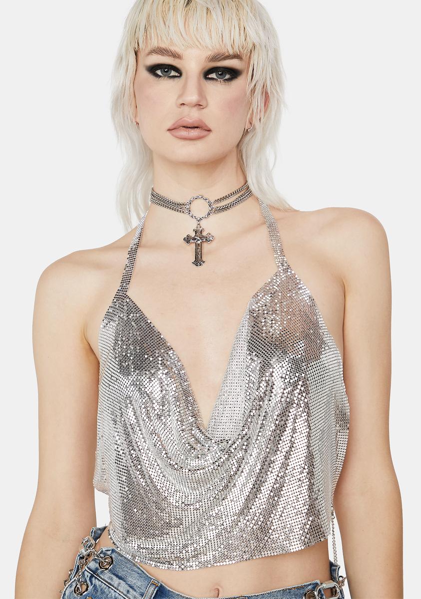 Plunging Cowl Neck Chainmail Halter Crop Top - Silver – Dolls Kill