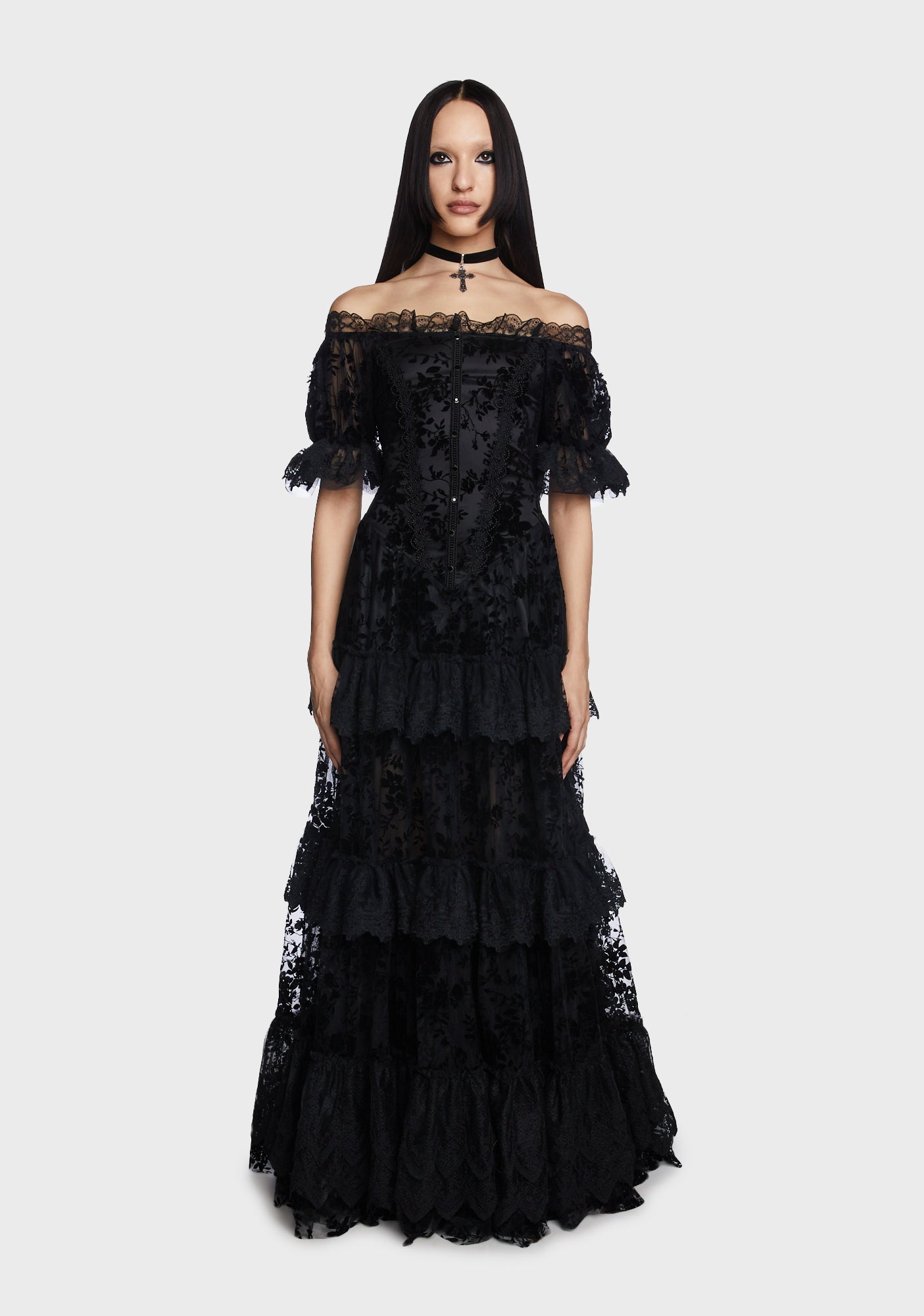 Punk Rave Lace Off Shoulder Maxi Dress - Black Dolls Kill Punk Rave Lace Off Shoulder Maxi Dress - Black Dolls Kill