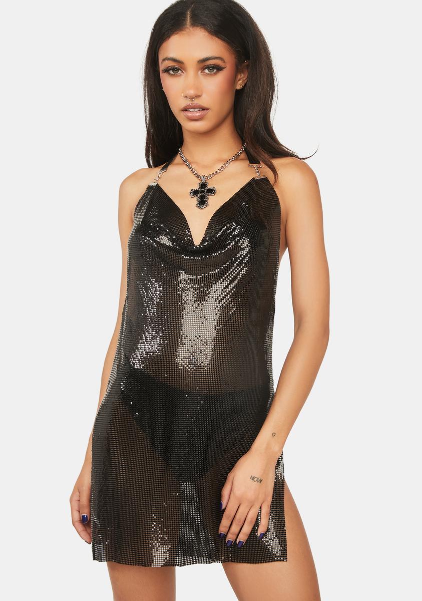 Chainmail Cowl Neck Open Back Mini Dress - Black Dolls Kill Chainmail Cowl Neck Open Back Mini Dress - Black Dolls Kill