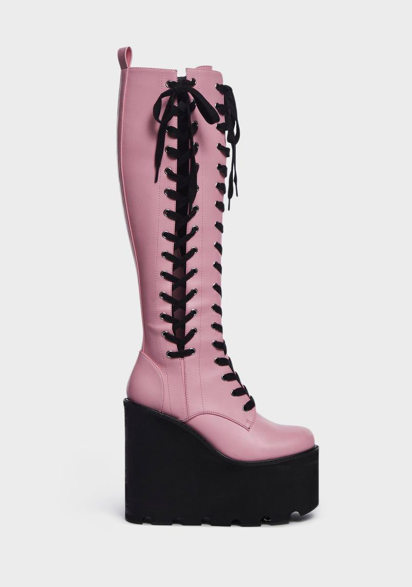 Current Mood Lace Up Knee High Wedge Platform Boots - Light Pink