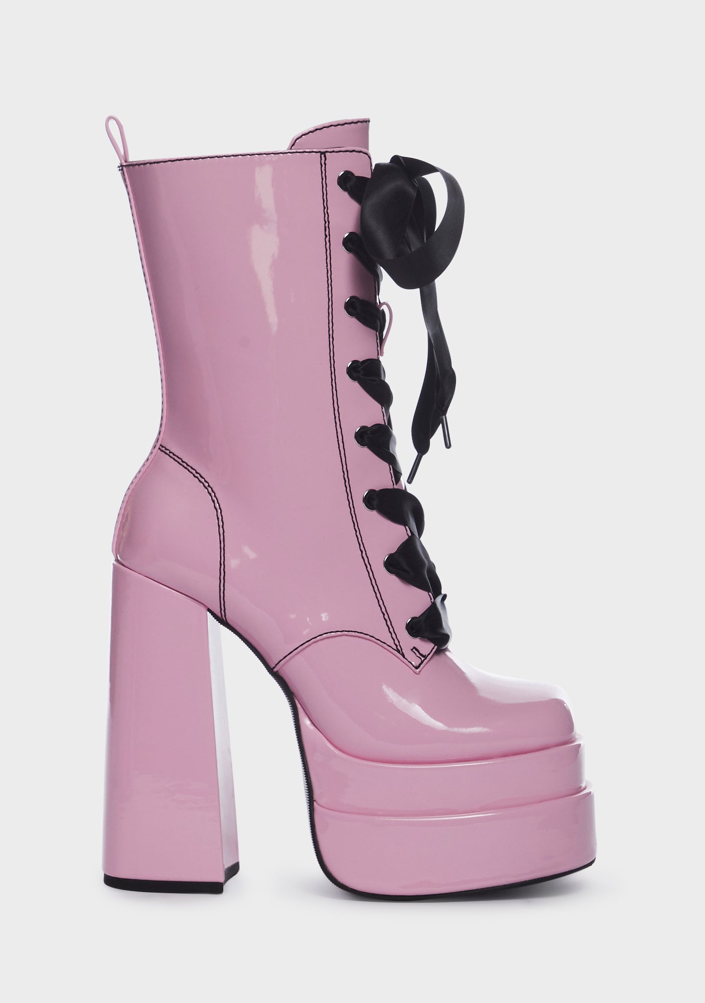 Widow Patent Lace-Up Combat Heeled Boots - Pink