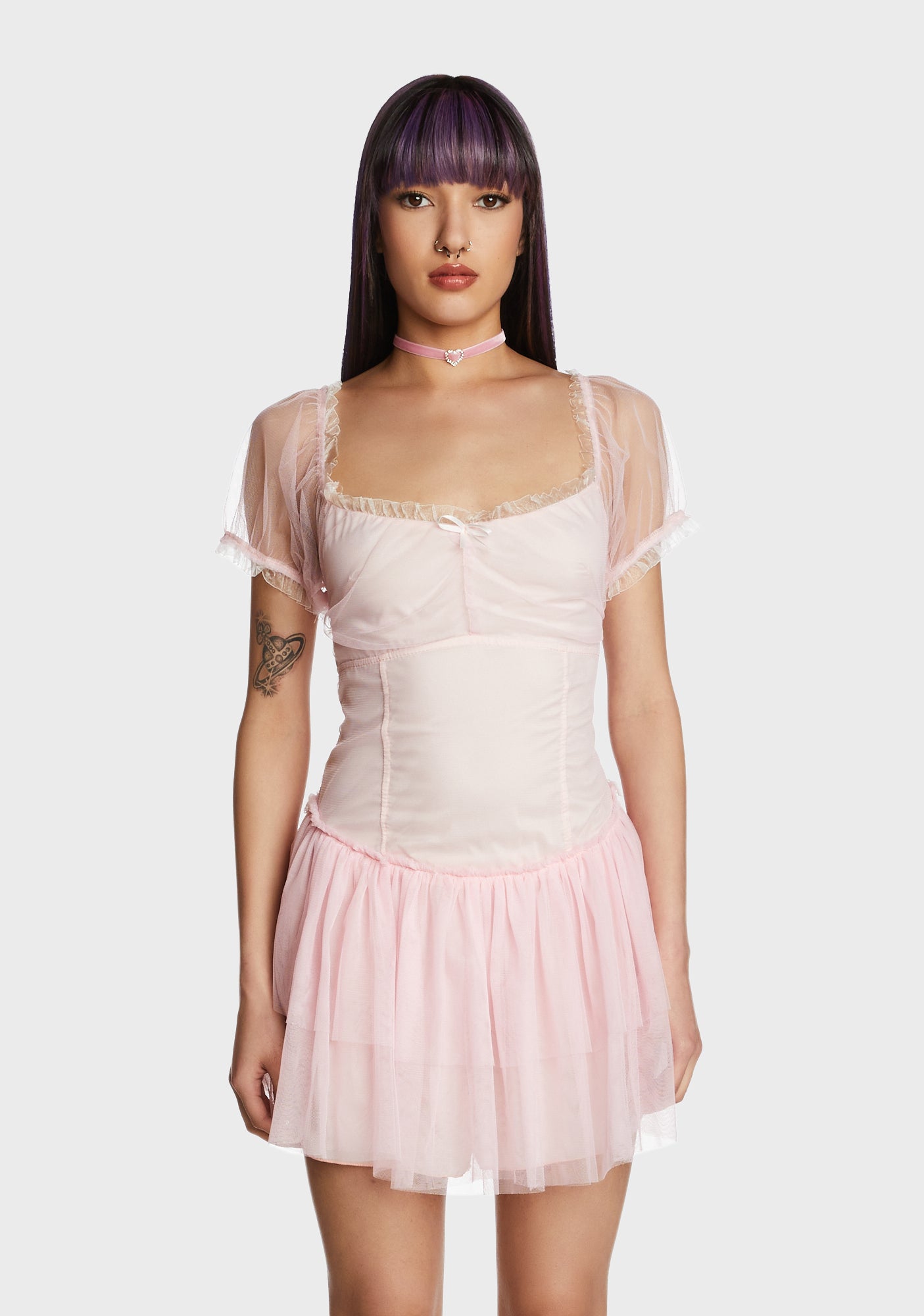 Mesh Puff Sleeve Mini Dress - Pink