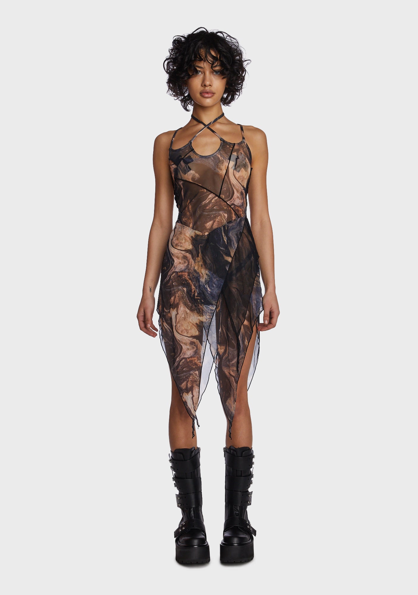 Darker Wavs Swirl Print Mesh Midi Dress - Brown Multi Dolls Kill Darker Wavs Swirl Print Mesh Midi Dress - Brown Multi Dolls Kill