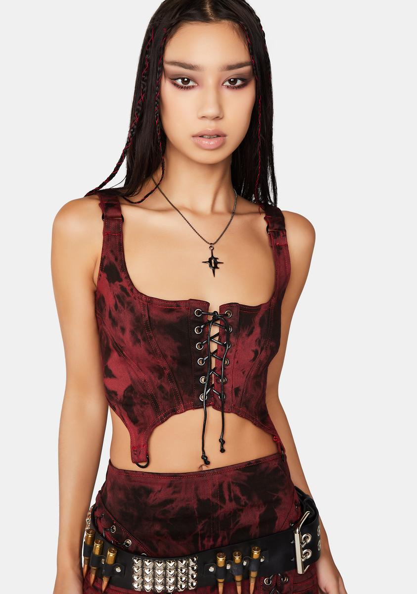 Darker Wavs Acid Wash Lace Up Corset Top - Red – Dolls Kill