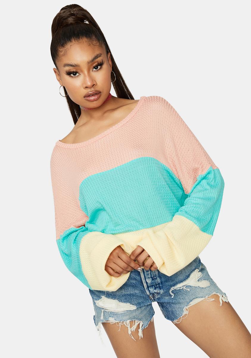 Color Block Waffle Knit Drawstring Sweater