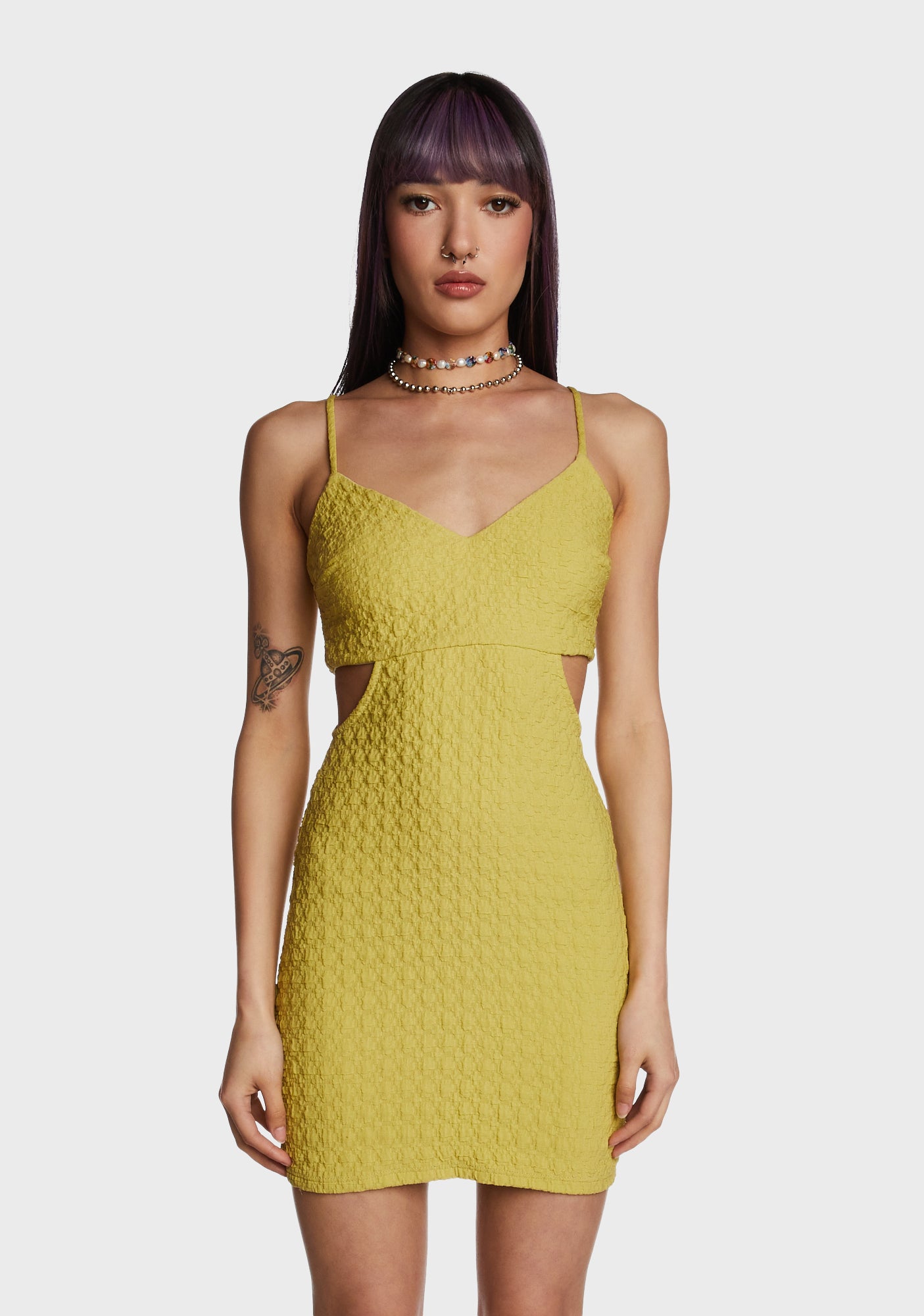 Cut Out Textured Mini Dress - Green