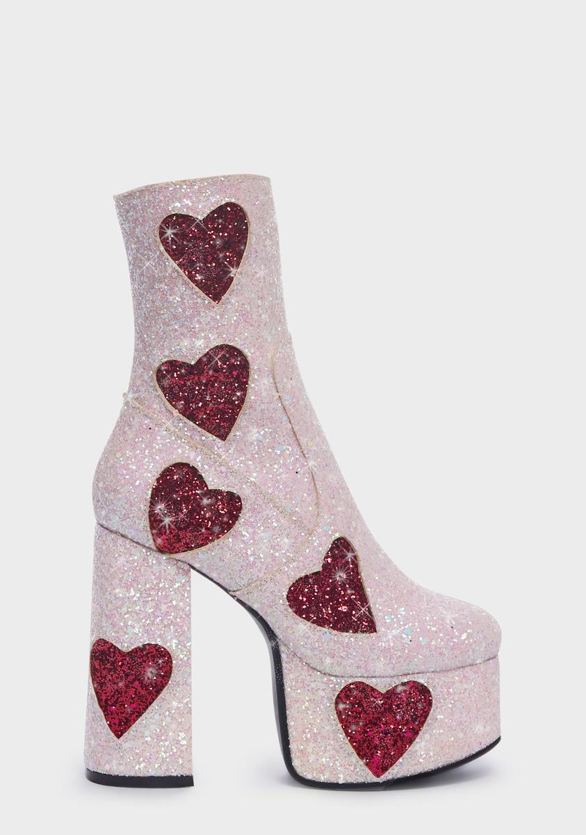 Lamoda x Dolls Kill Sparkly Platform Boots - Pink Glitter/Fuchsia Hearts