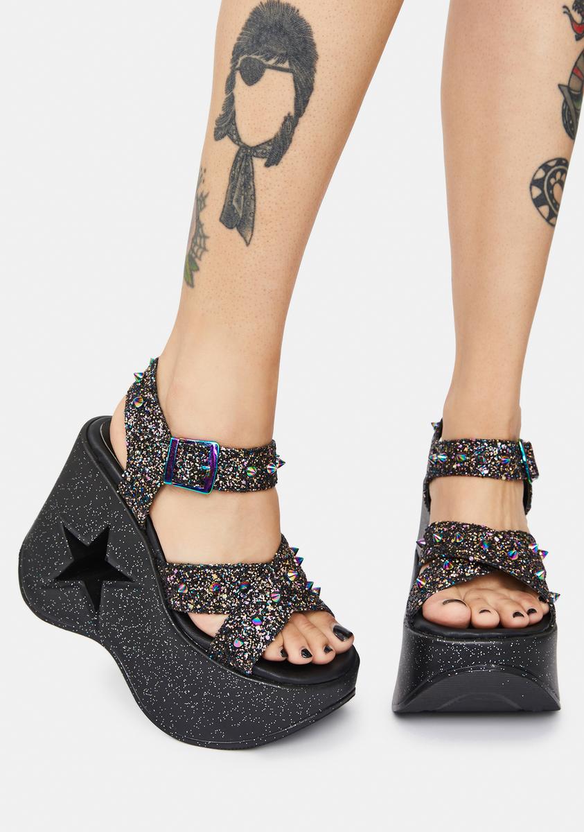 Demonia Dynamite 20 Glitter Star Wedges Black Dolls Kill