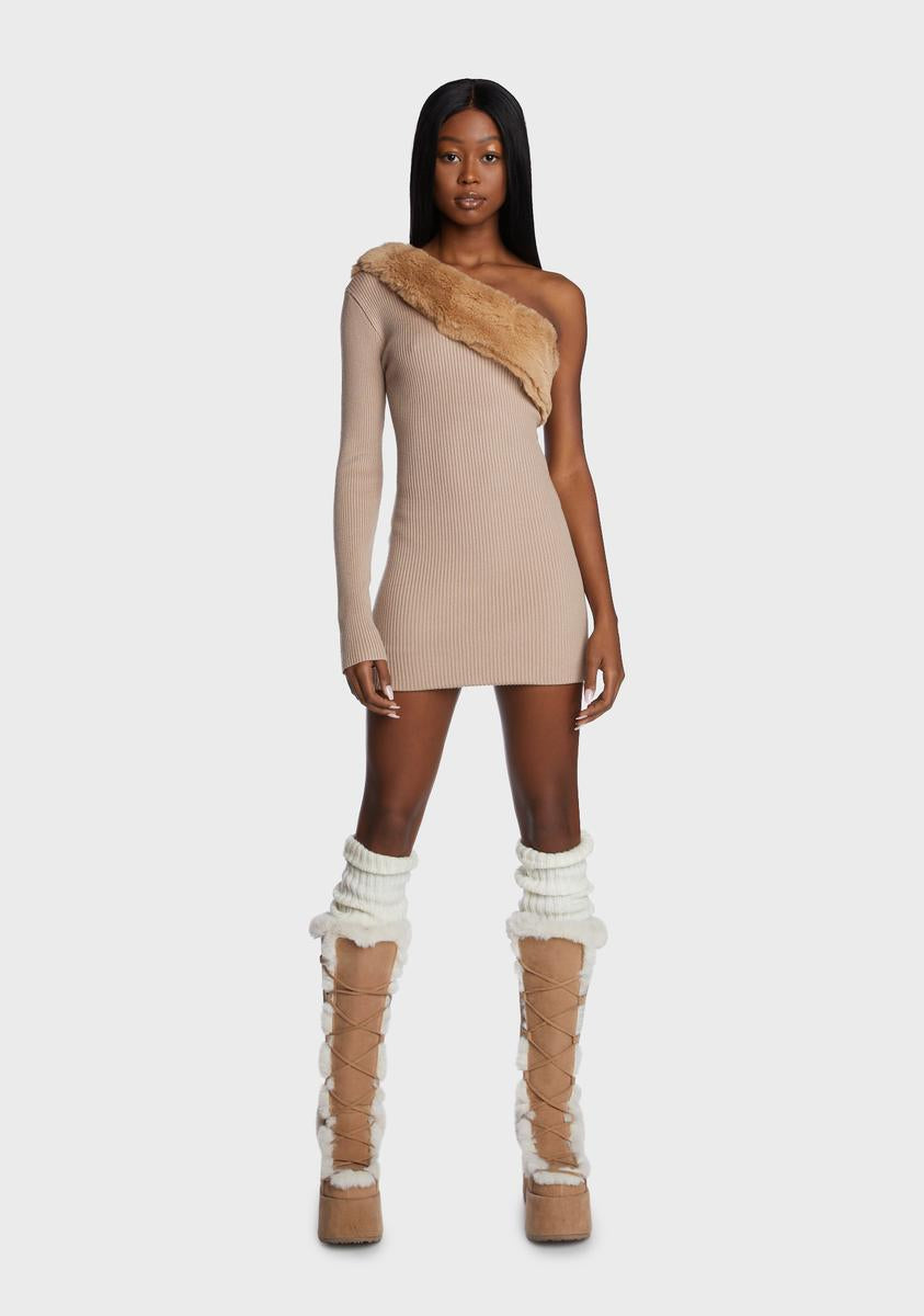 One Shoulder Knit Mini Dress With Faux Fur Trim Brown