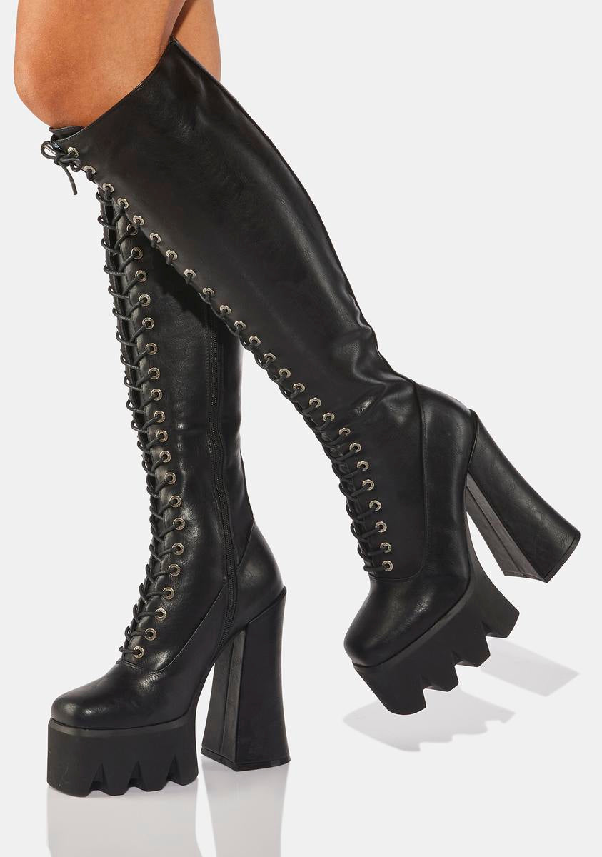 Lamoda Vegan Leather Knee High Lace Up Platform Heel Boots Black