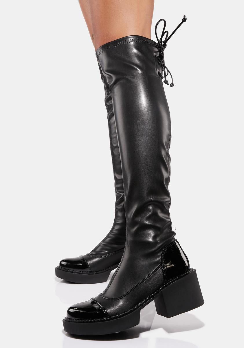 Clocking In Faux Leather Knee High Boots (Black)