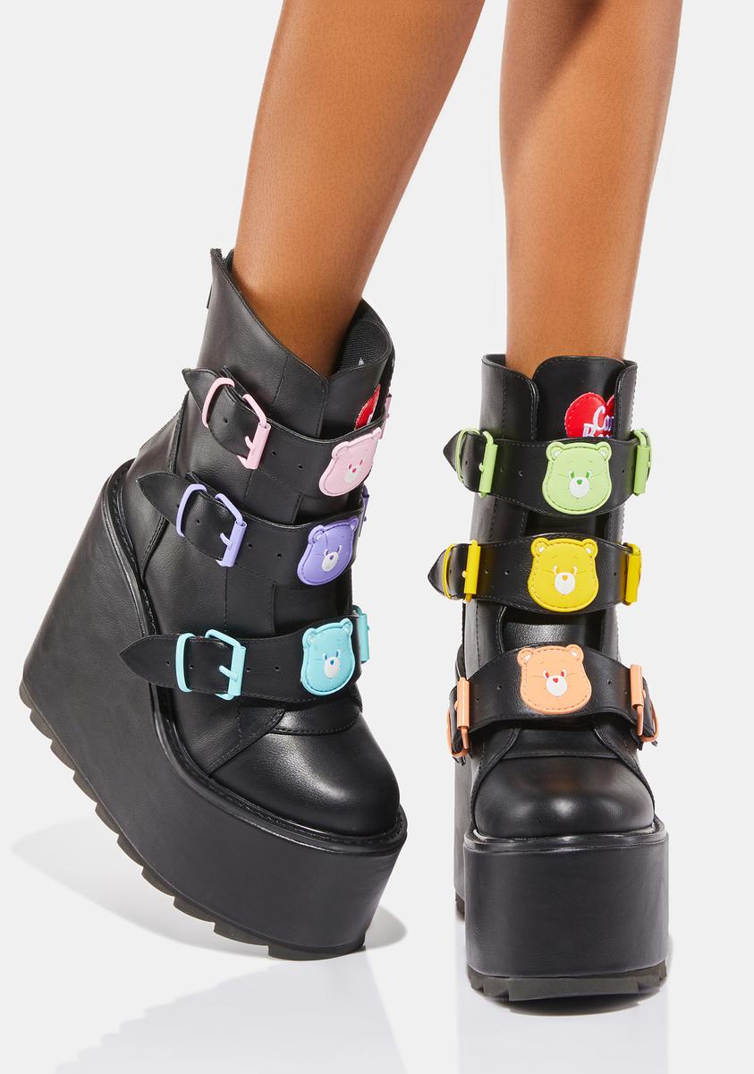 YRU Care Bears Multi Buckle Platform Boots Black Dolls Kill