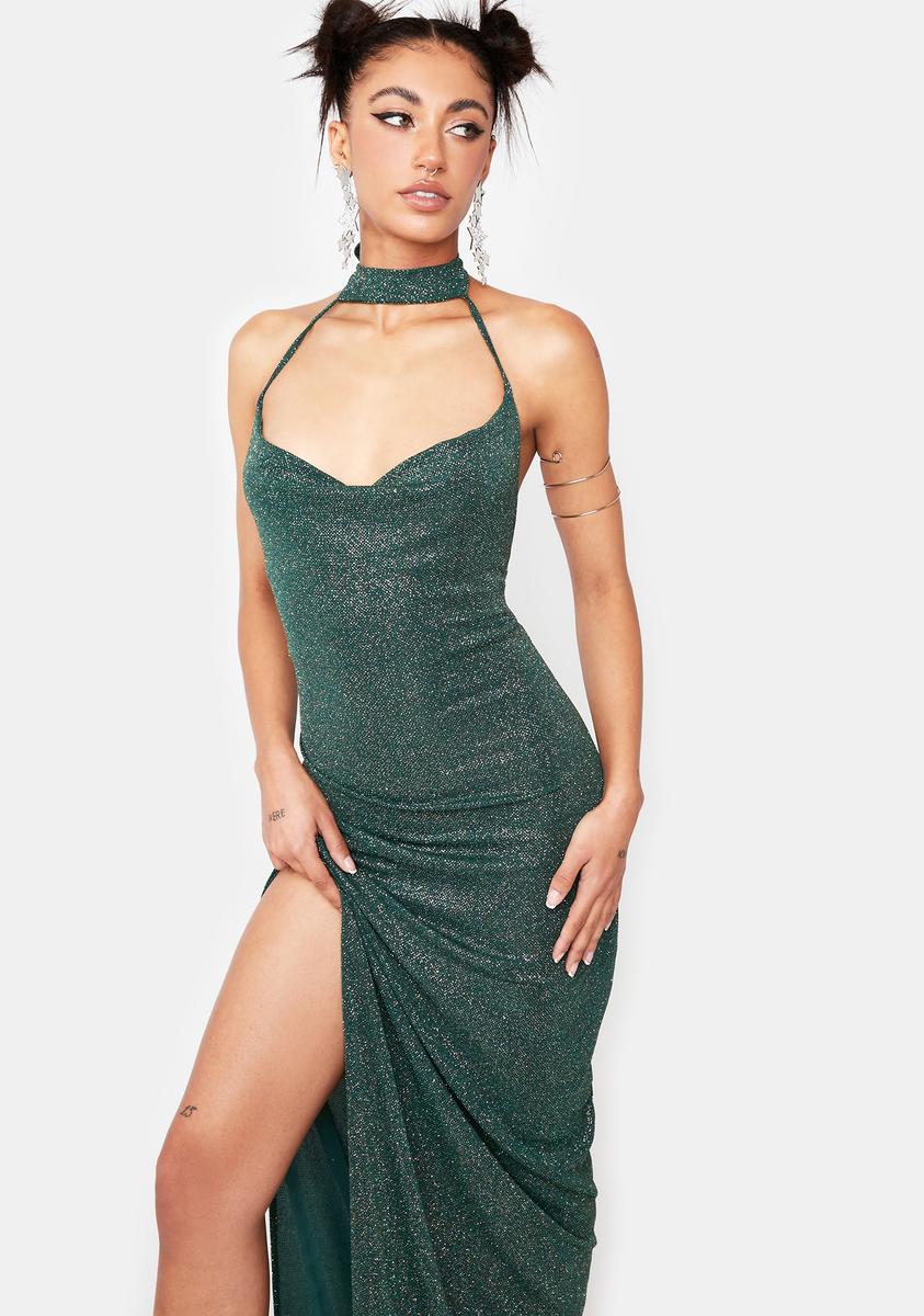 Kiki Riki Cowl Neck High Slit Choker Halter Tie Maxi Dress - Dark Green   Dolls Kill