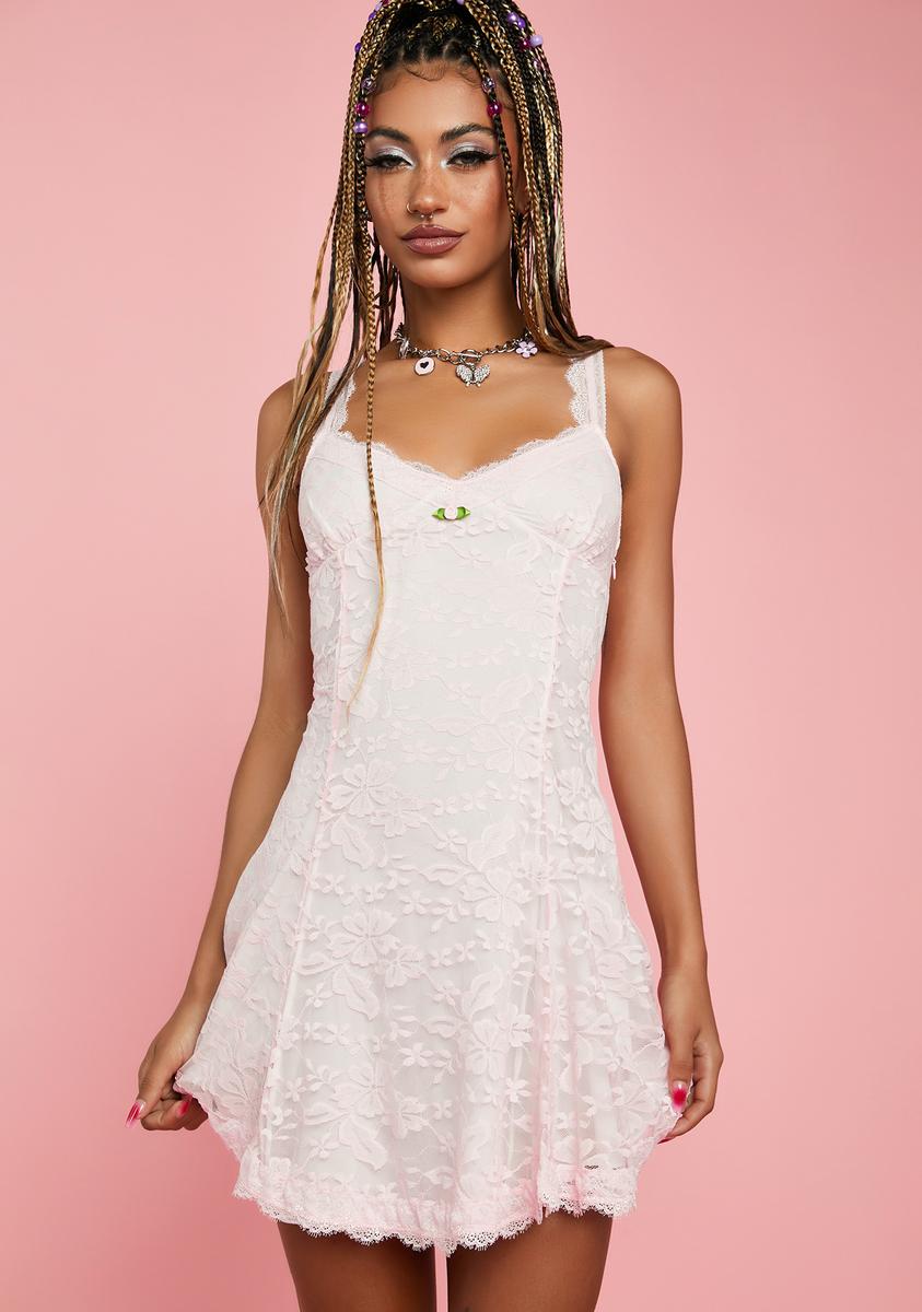 Sugar Thrillz Floral Lace Trim Mini Dress - Light Pink