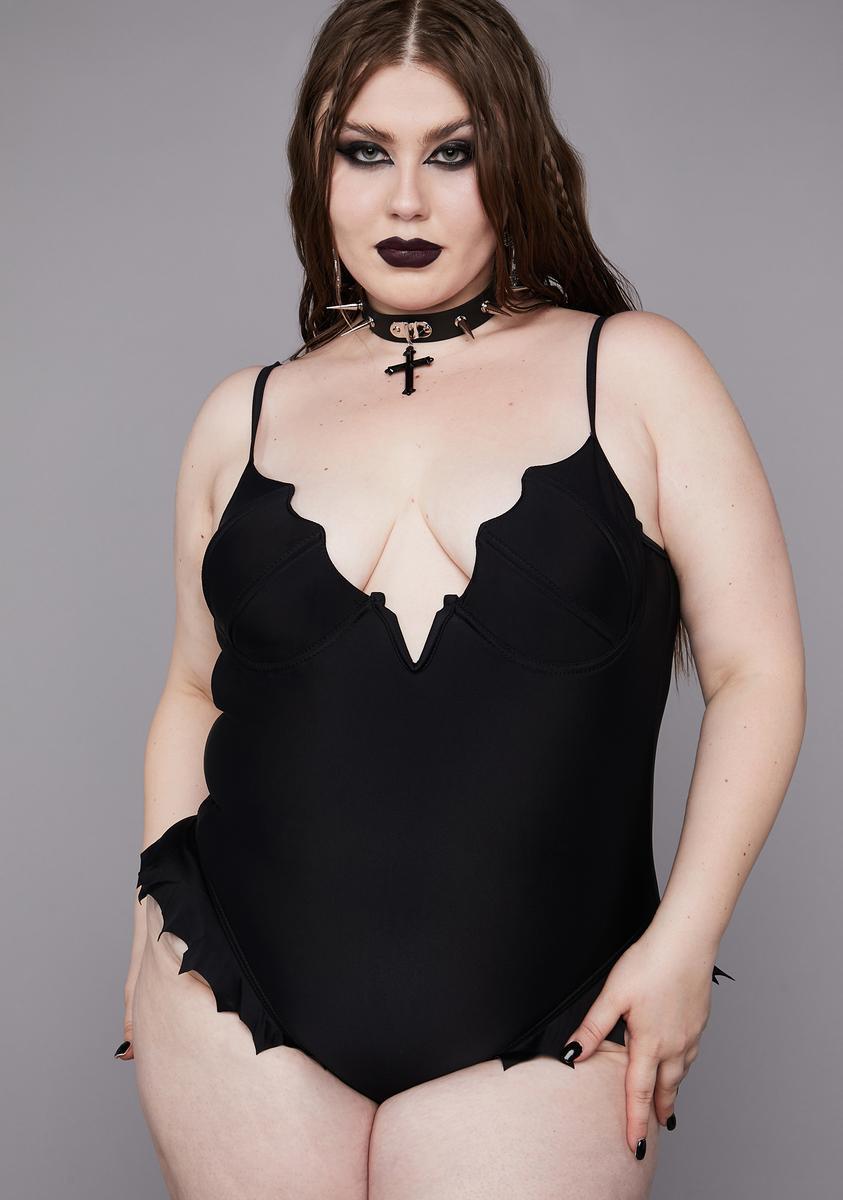 Plus Size Widow Batwing Plunge One Piece Swimsuit Black – Dolls Kill