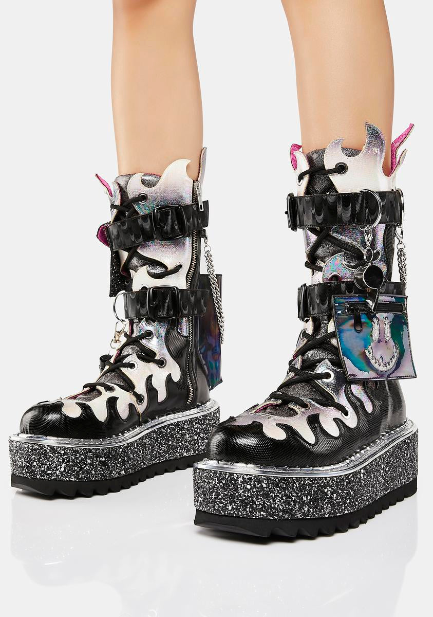 Iridescent Black Glitter Platform Boots Irregular Choice